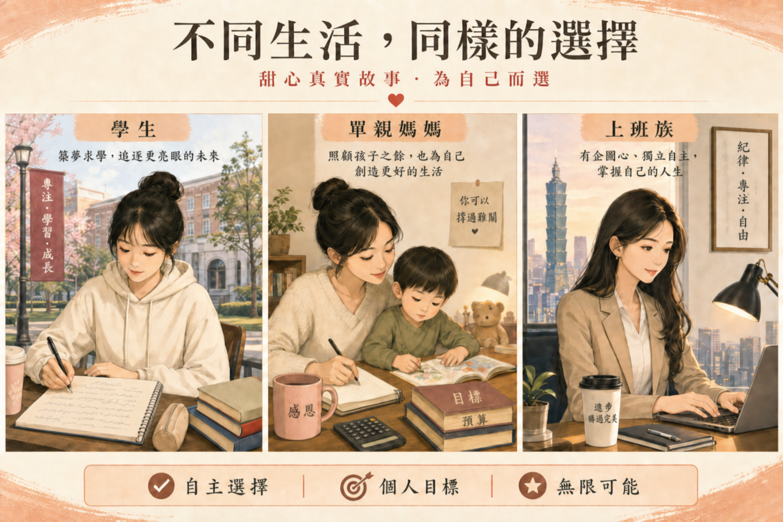 學生、單親媽媽與上班族三種甜心處境